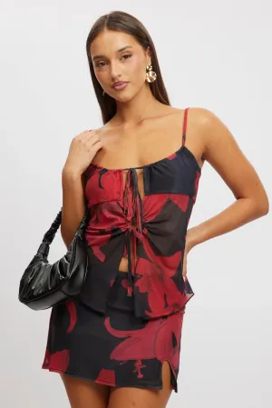 Comfortable clothing Black Floral Singlet Top Tie Up Front