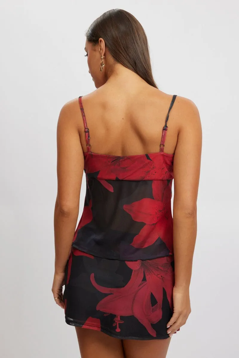 QuickDrying Fiber Black Floral Singlet Top Tie Up Front
