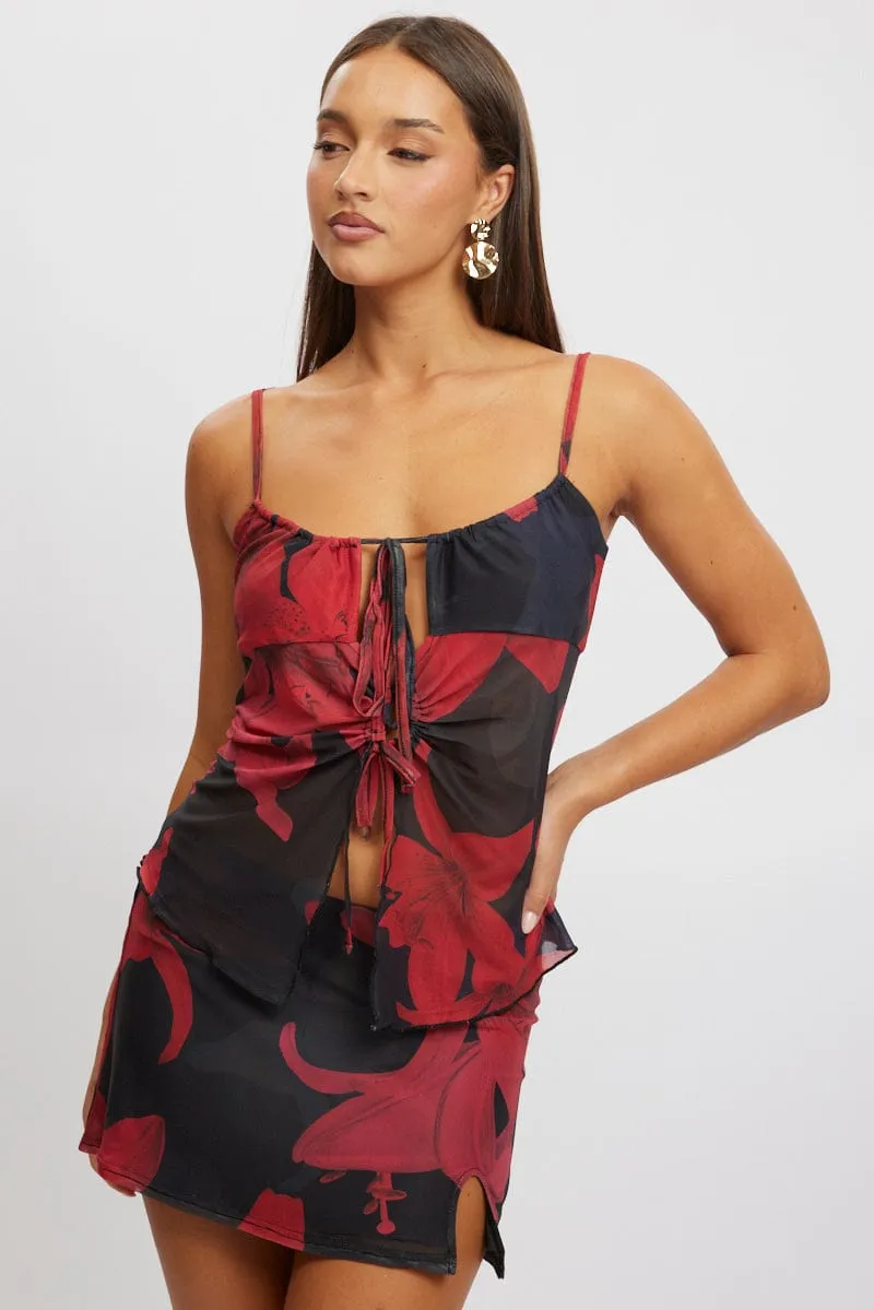 Night Charm Casual Vibe Black Floral Singlet Top Tie Up Front