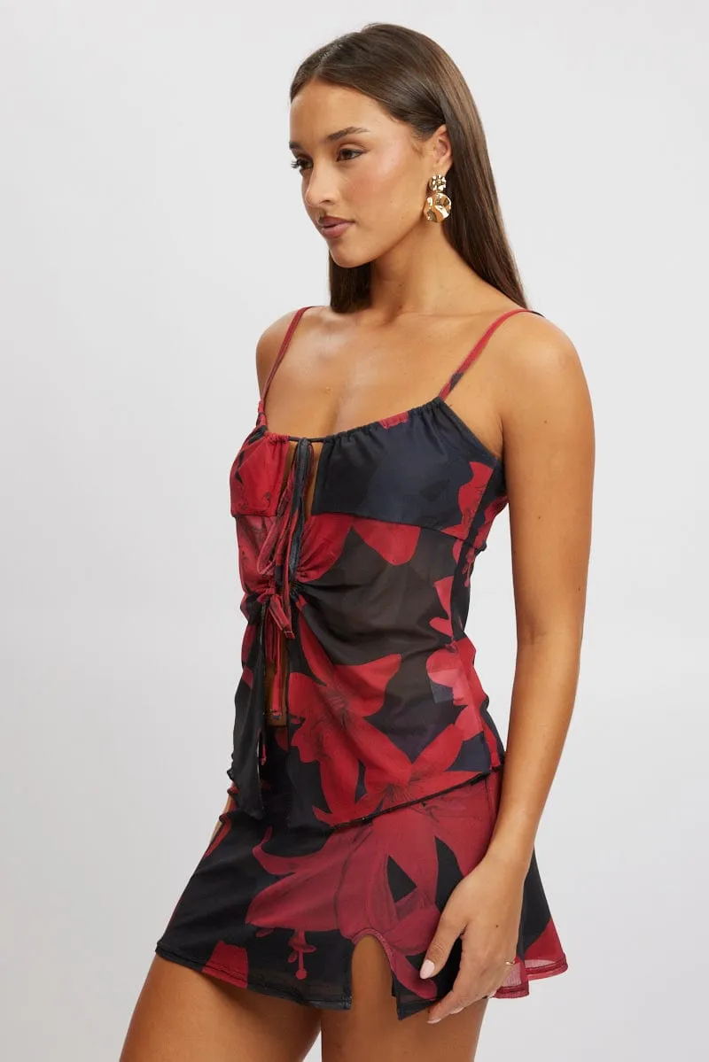 Black Floral Singlet Top Tie Up Front Run Glow Breathable Material