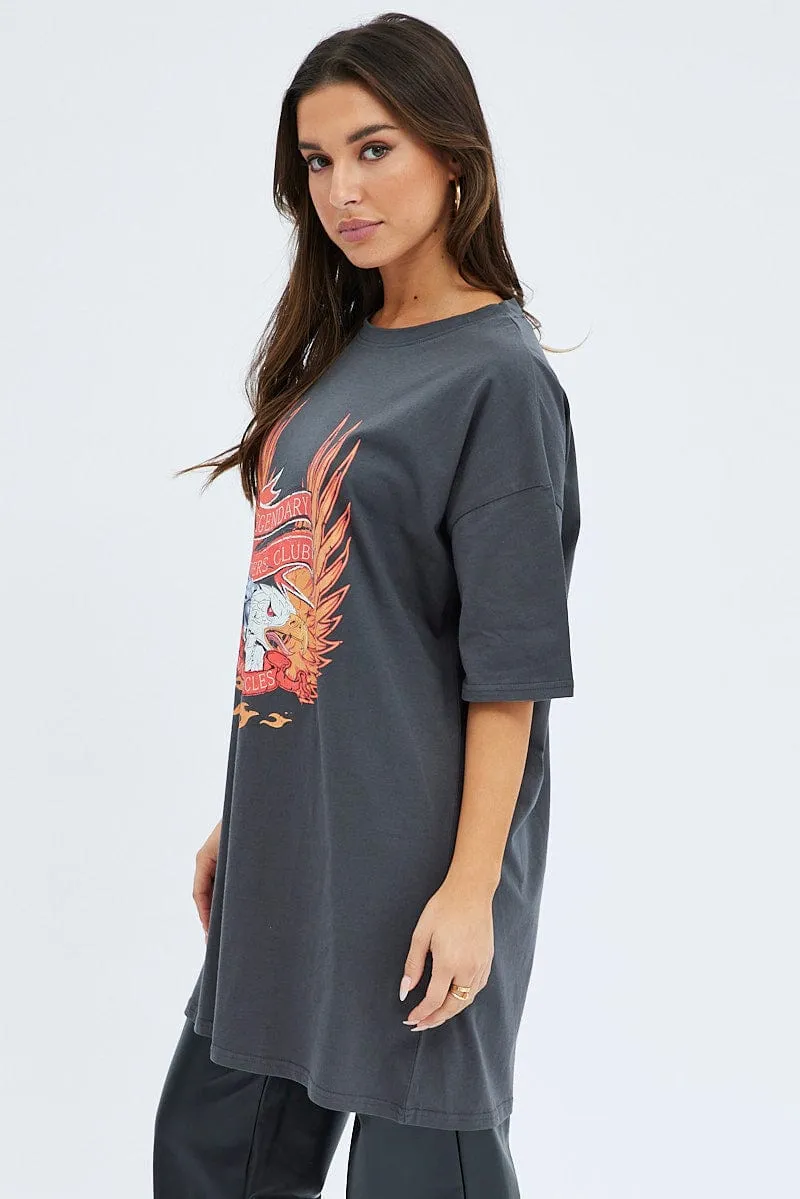 Grey Tee Short Sleeve Graphic Print Effortless Fit