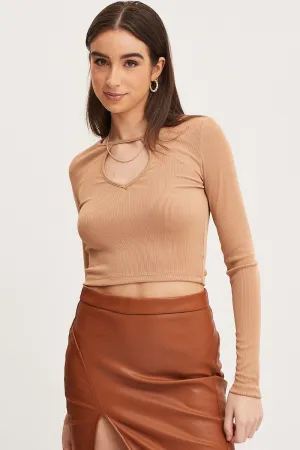 Casual Day Halo Glow Brown Crop Top Long Sleeve
