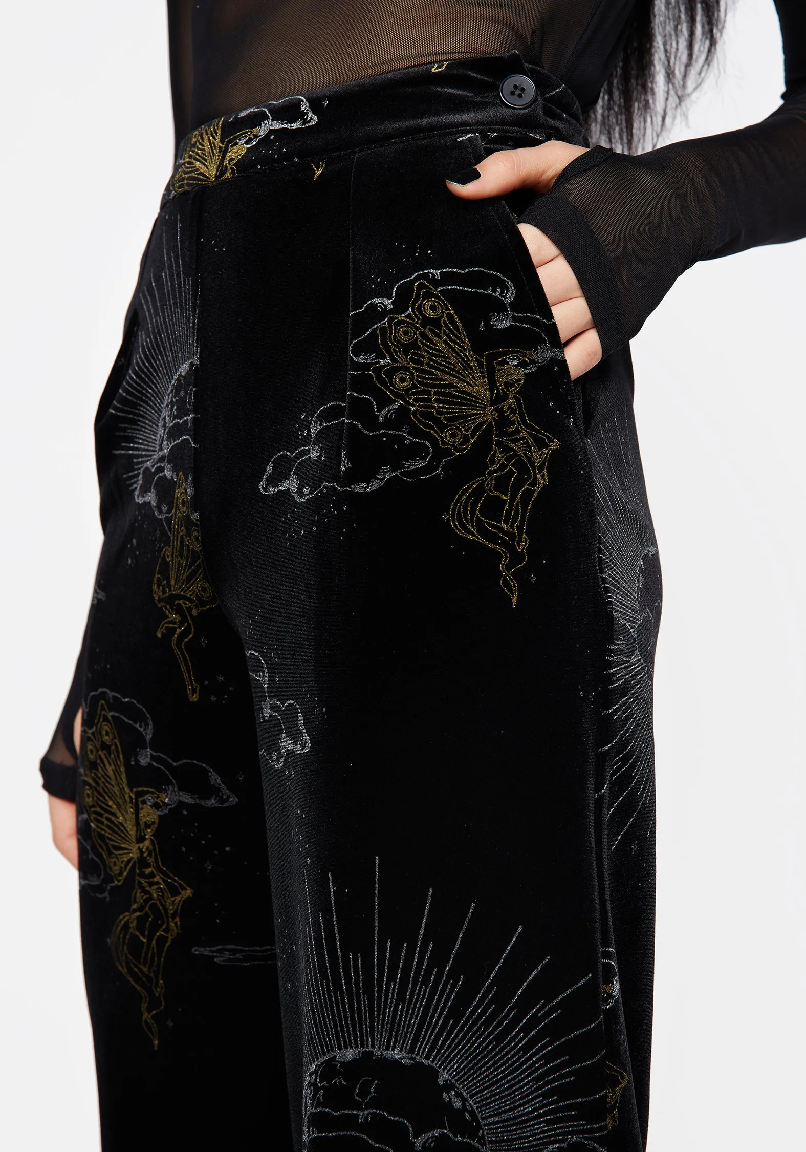 Layered Style Flexible Fit Adelina Foil Print Velour Wide Leg Trousers