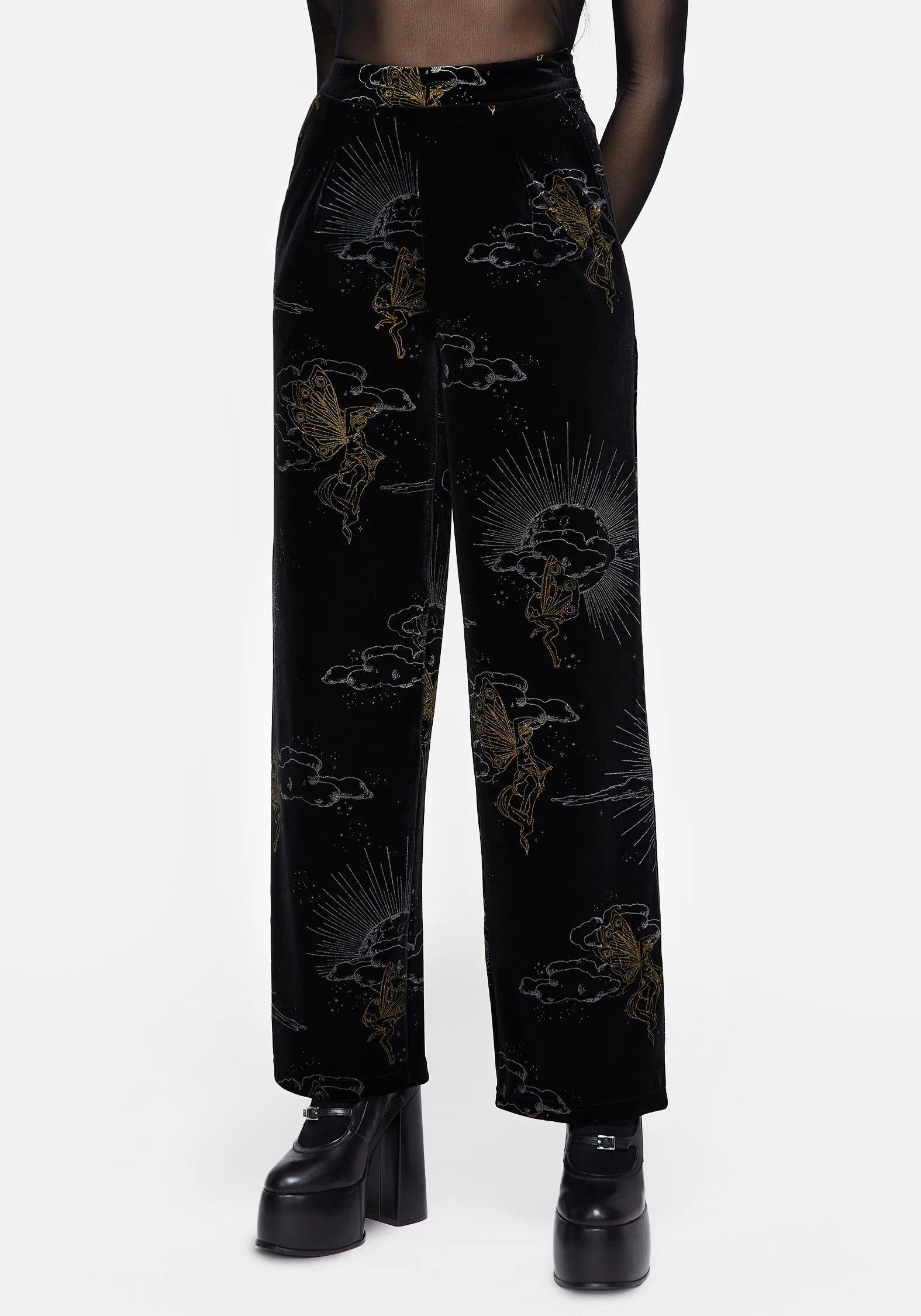 Soft Material Street Inspired Adelina Foil Print Velour Wide Leg Trousers