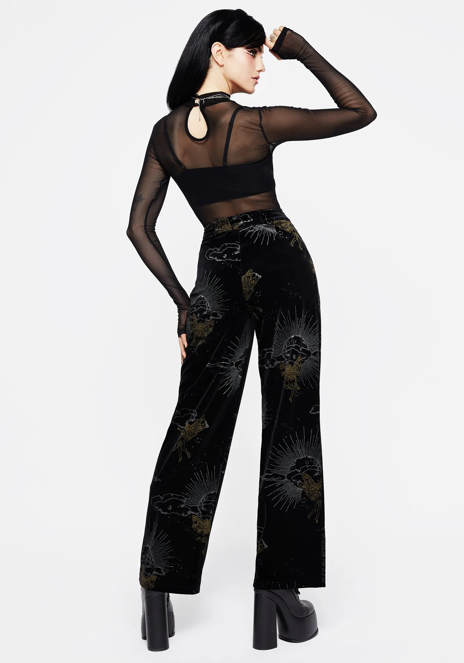 Adelina Foil Print Velour Wide Leg Trousers ReflectiveAccentDetails AntiPillingFabric