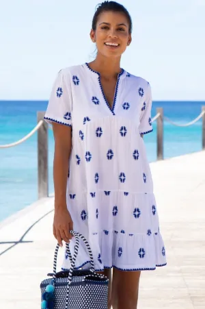 India Embroidered Organic Cotton Dress | White/Blue Fashionable above-the-knee gown Youthful Design