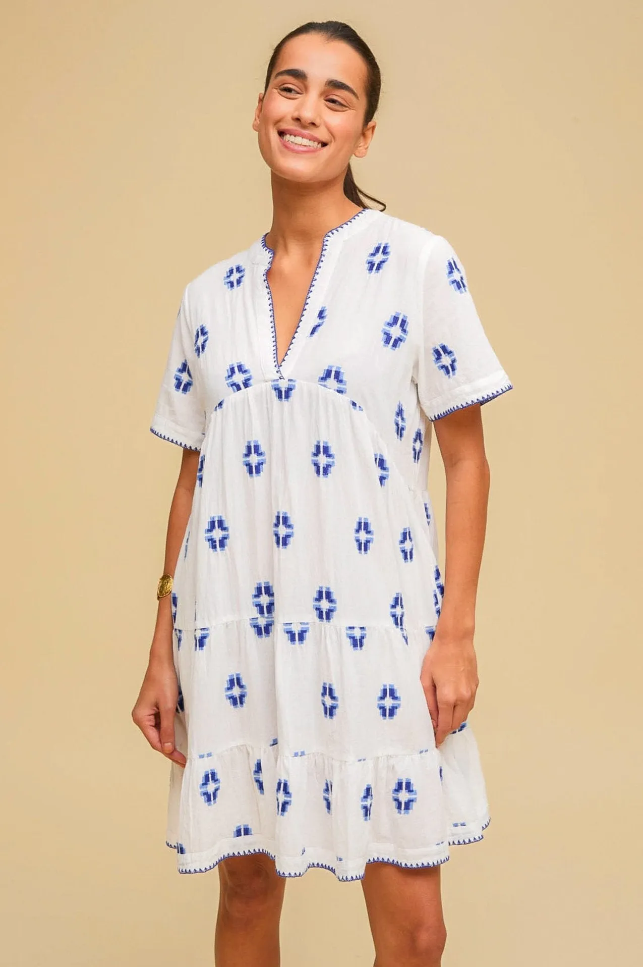 India Embroidered Organic Cotton Dress | White/Blue Style Fresh