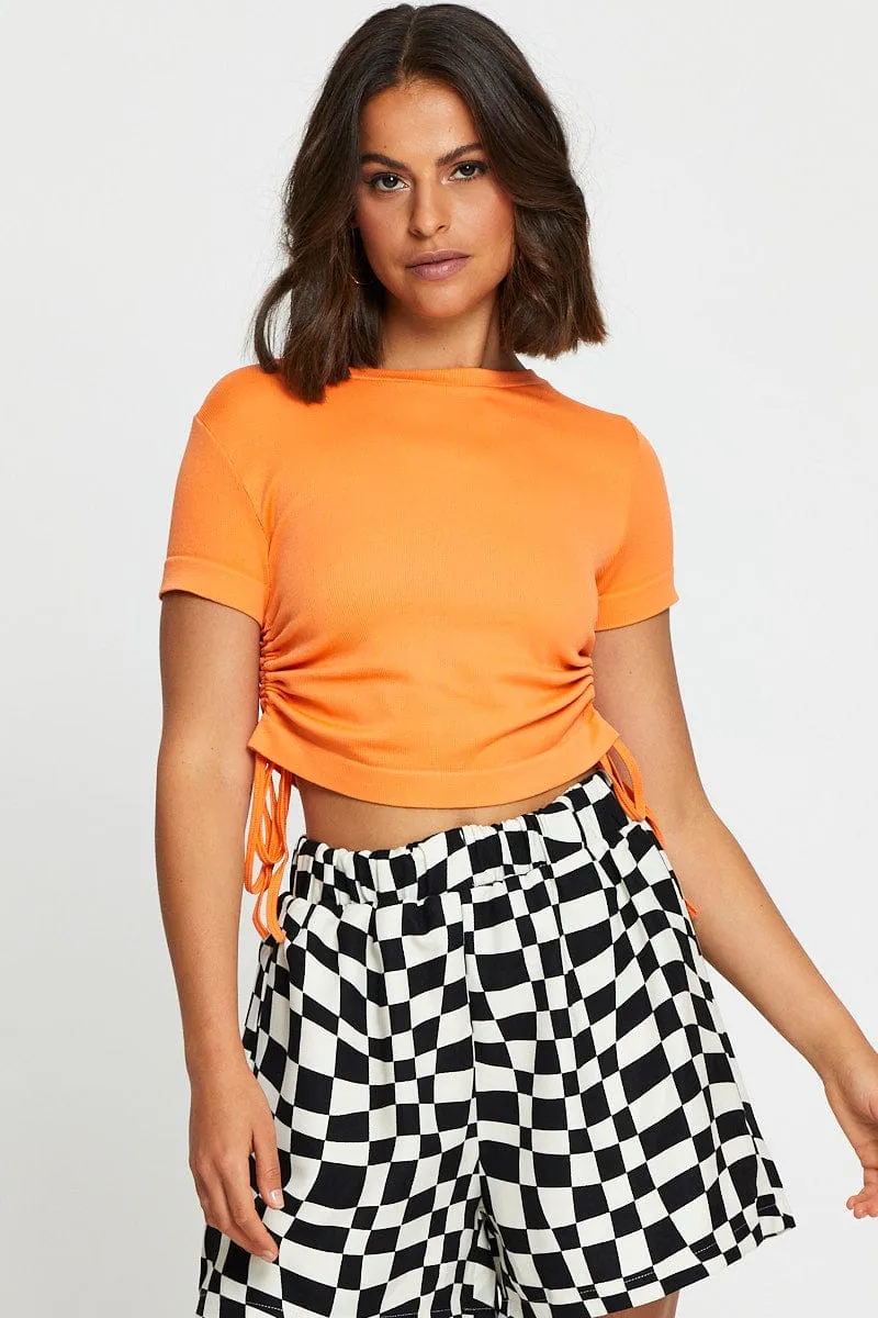 Formal Wear Orange T Shirt Short Sleeve Crop Crew Neck