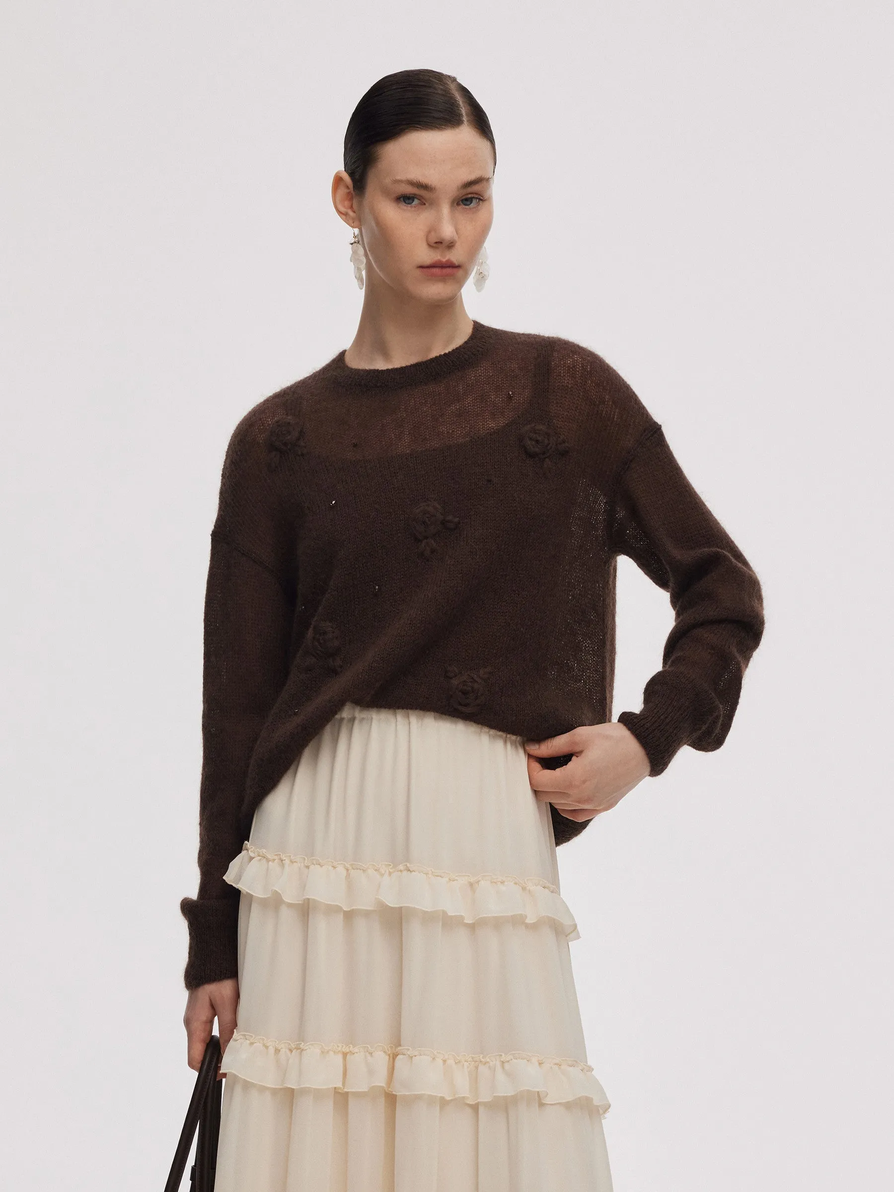 Mohair Wool Blend Women Hand-Crocheted Floral Sweater Classic Layer Fashion Layer