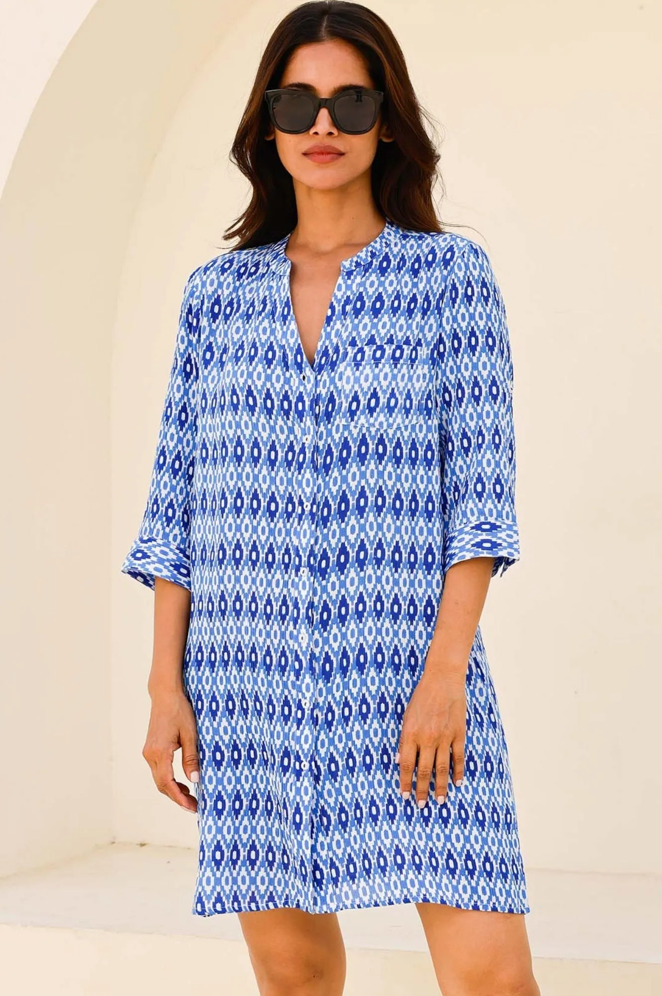 Mila Shirt Tunic | Aztec Blue/White Cross Back Support Design Flirty Fit