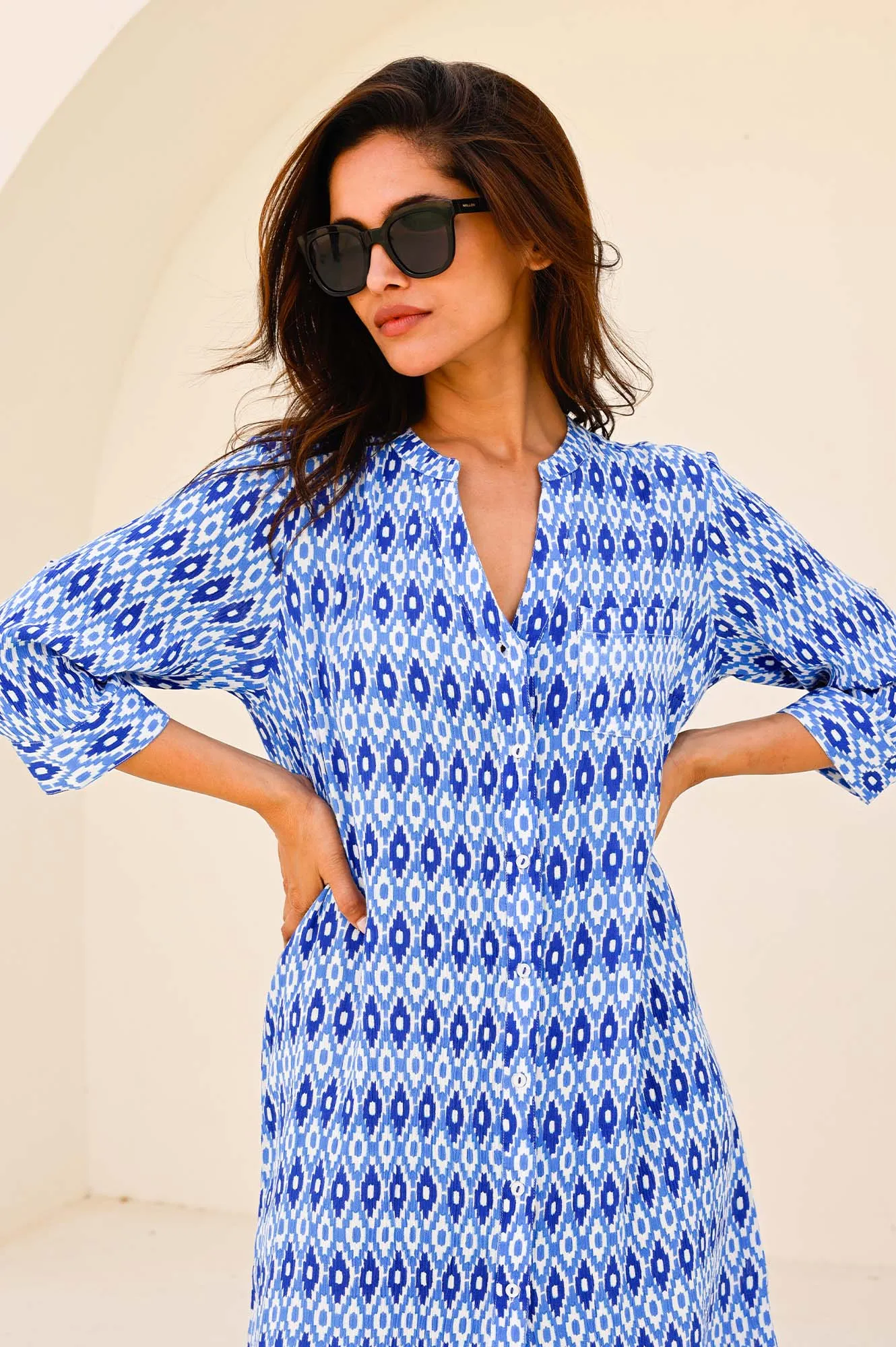Shoot Ready Floral Chic Design Mila Shirt Tunic | Aztec Blue/White