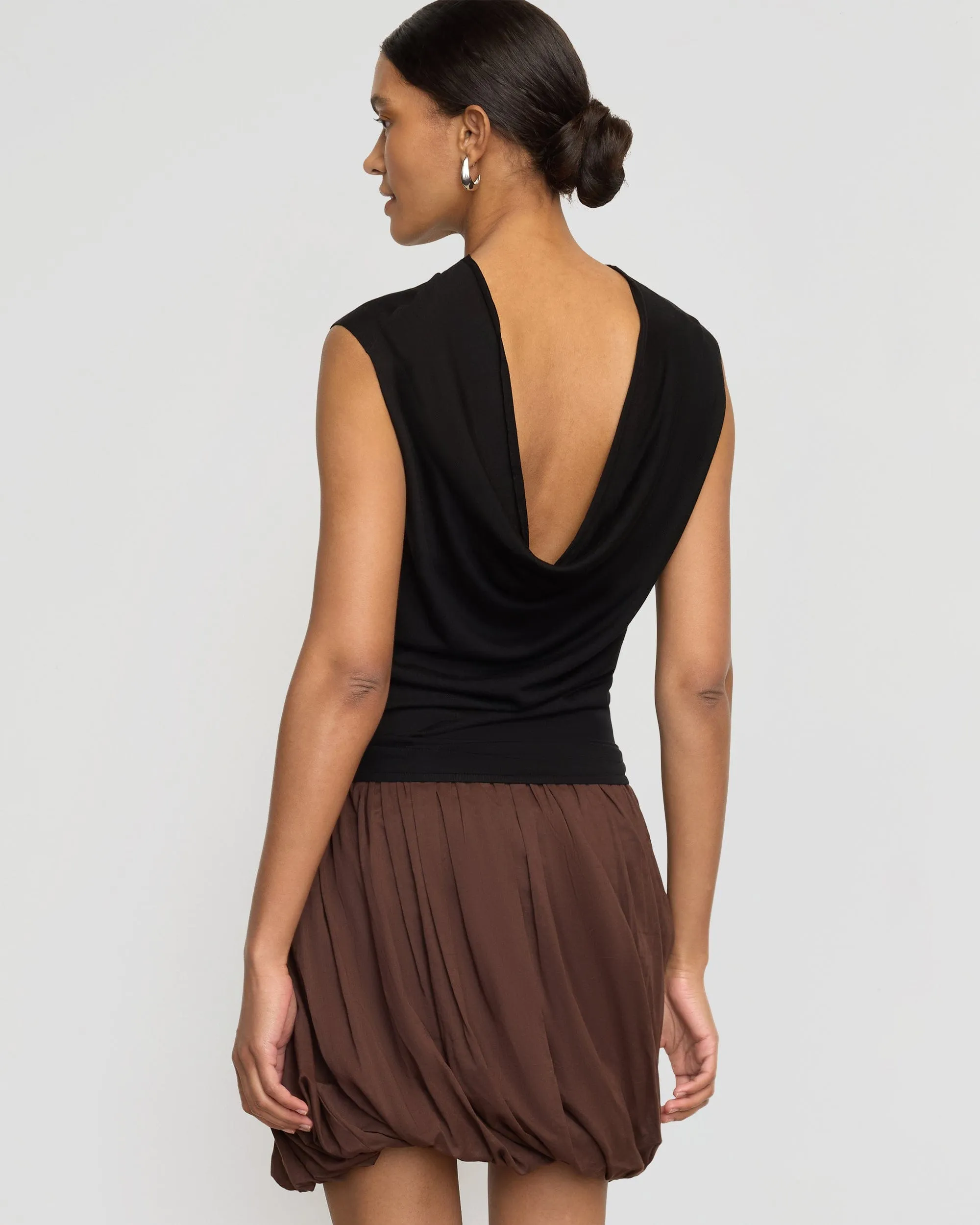 Vallo Semi-Sheer Cowl-Back Knit Blouse Flexible Design