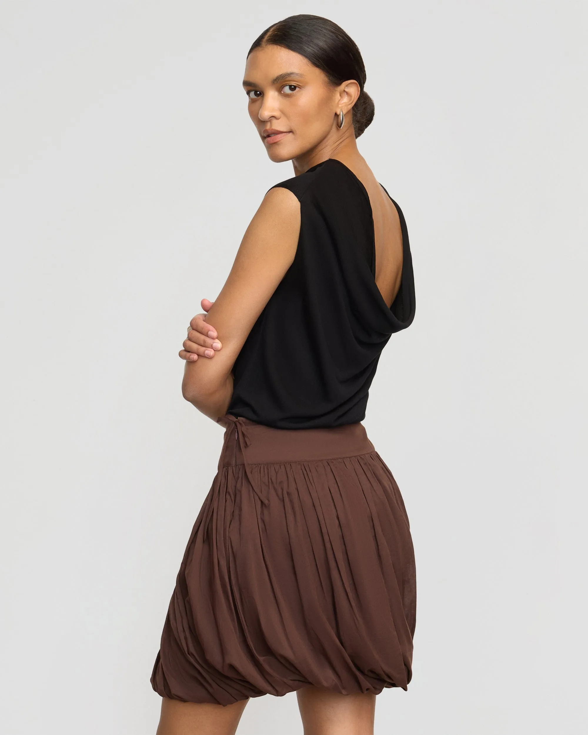 Cozy Piece Versatile Layer Vallo Semi-Sheer Cowl-Back Knit Blouse