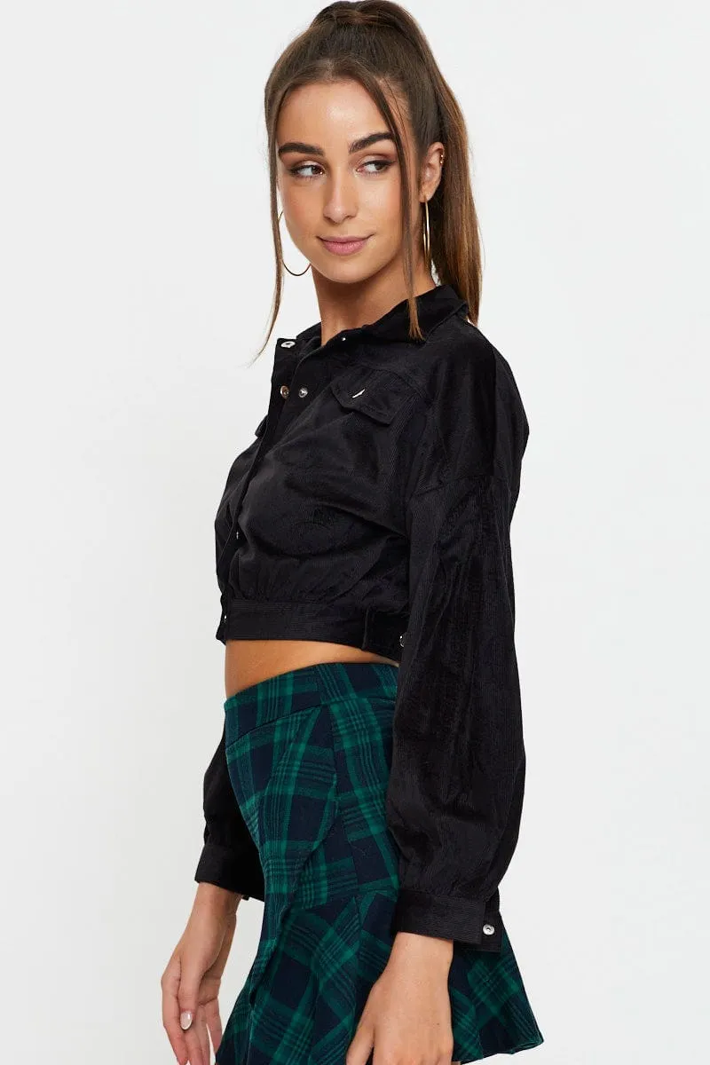 Fearless Mode Workwear Essentials Black Crop Button Front Shirt