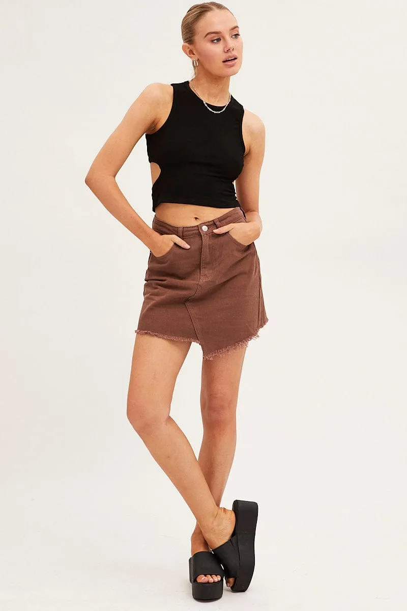 Smooth Texture Non Restrictive Fit Brown Denim Skirt Mini Asymmetric Hem