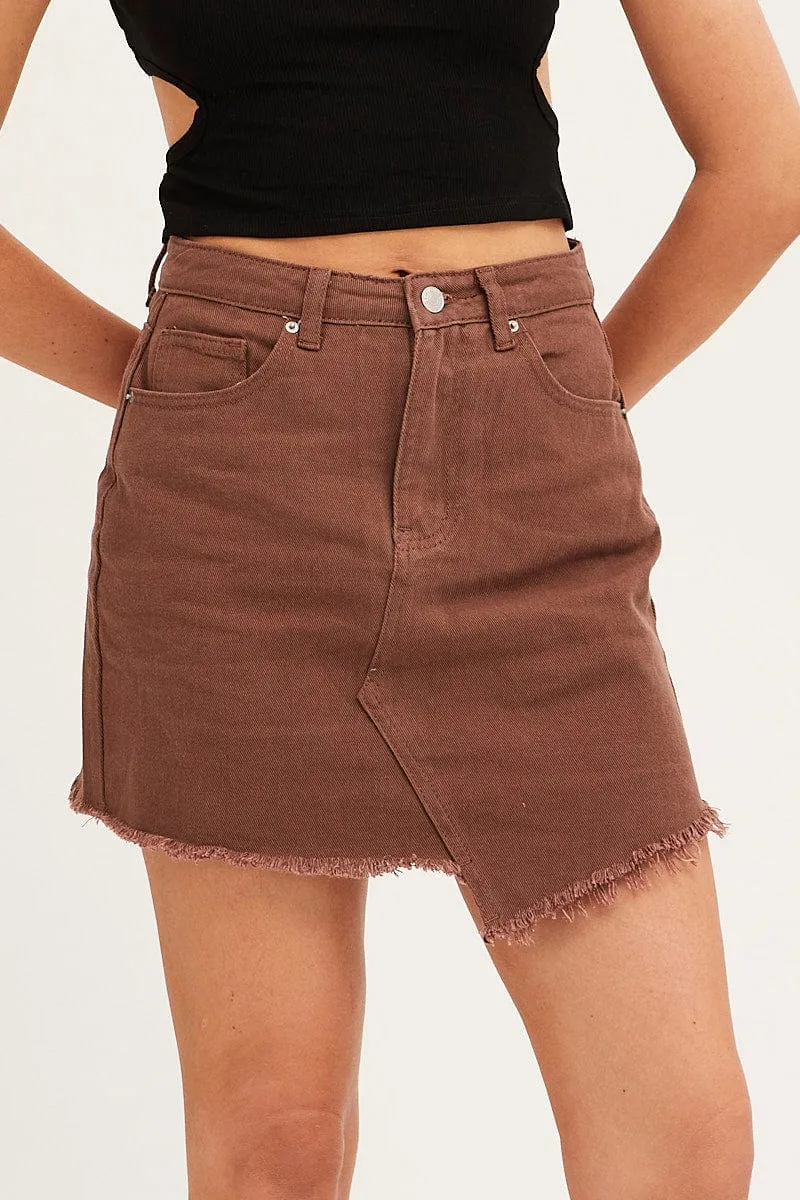 Spring Must Have Brown Denim Skirt Mini Asymmetric Hem
