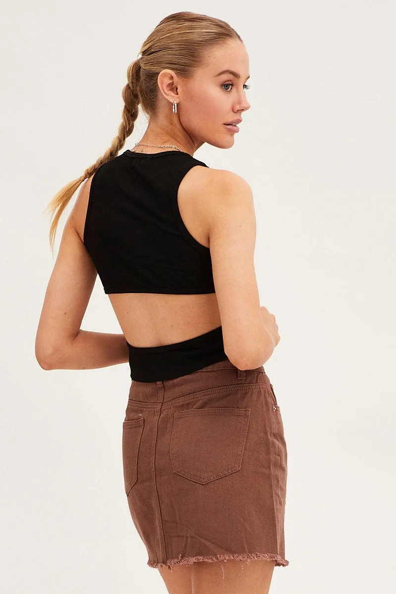 Brown Denim Skirt Mini Asymmetric Hem light feel