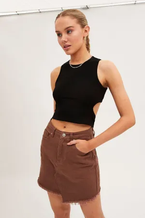 Brown Denim Skirt Mini Asymmetric Hem Hip Skimming Fresh Energy