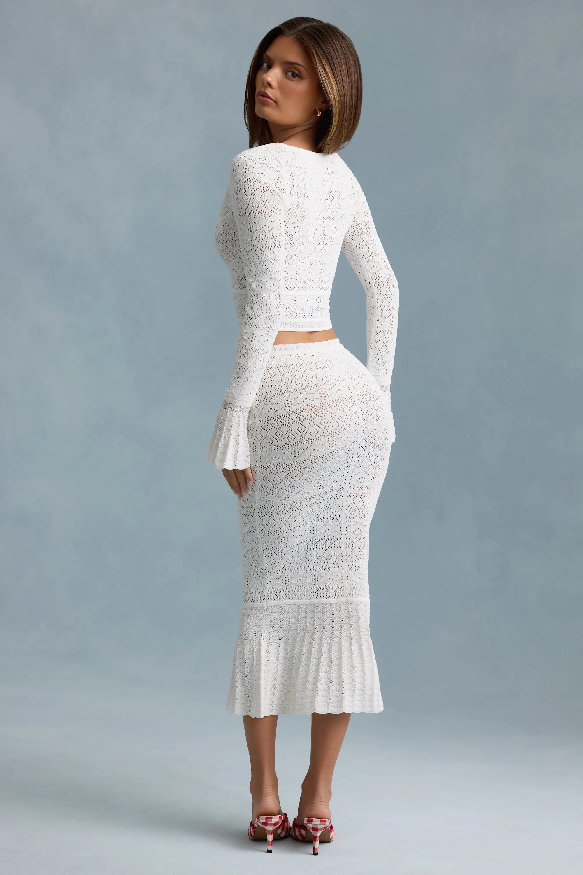 Denim style Elasticized Hem Ruffle-Trim Pointelle-Knit Midaxi Skirt in White