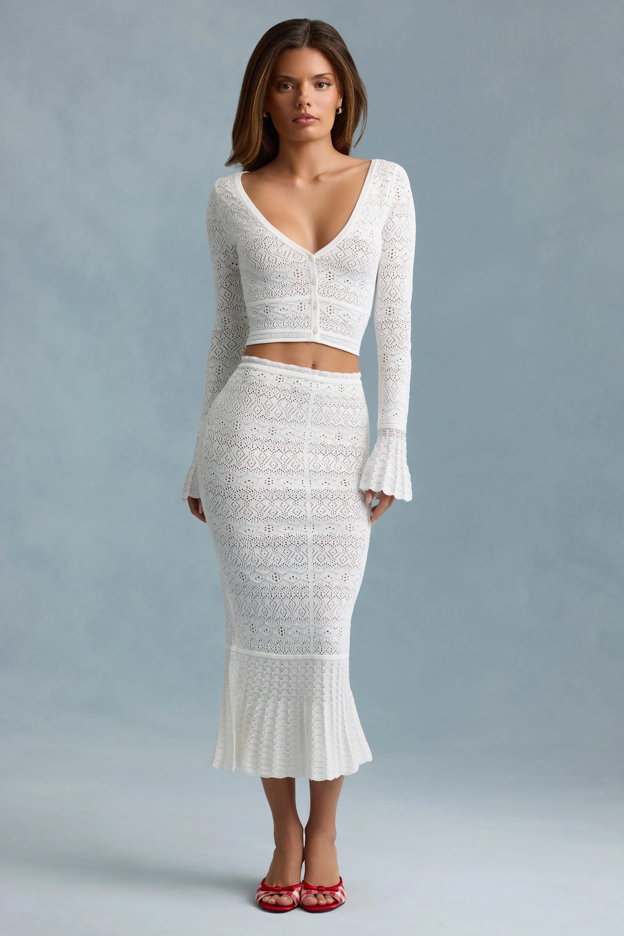 Multi Purpose Fabric Ruffle-Trim Pointelle-Knit Midaxi Skirt in White
