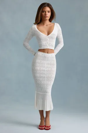Ruffle-Trim Pointelle-Knit Midaxi Skirt in White Statement Fashion