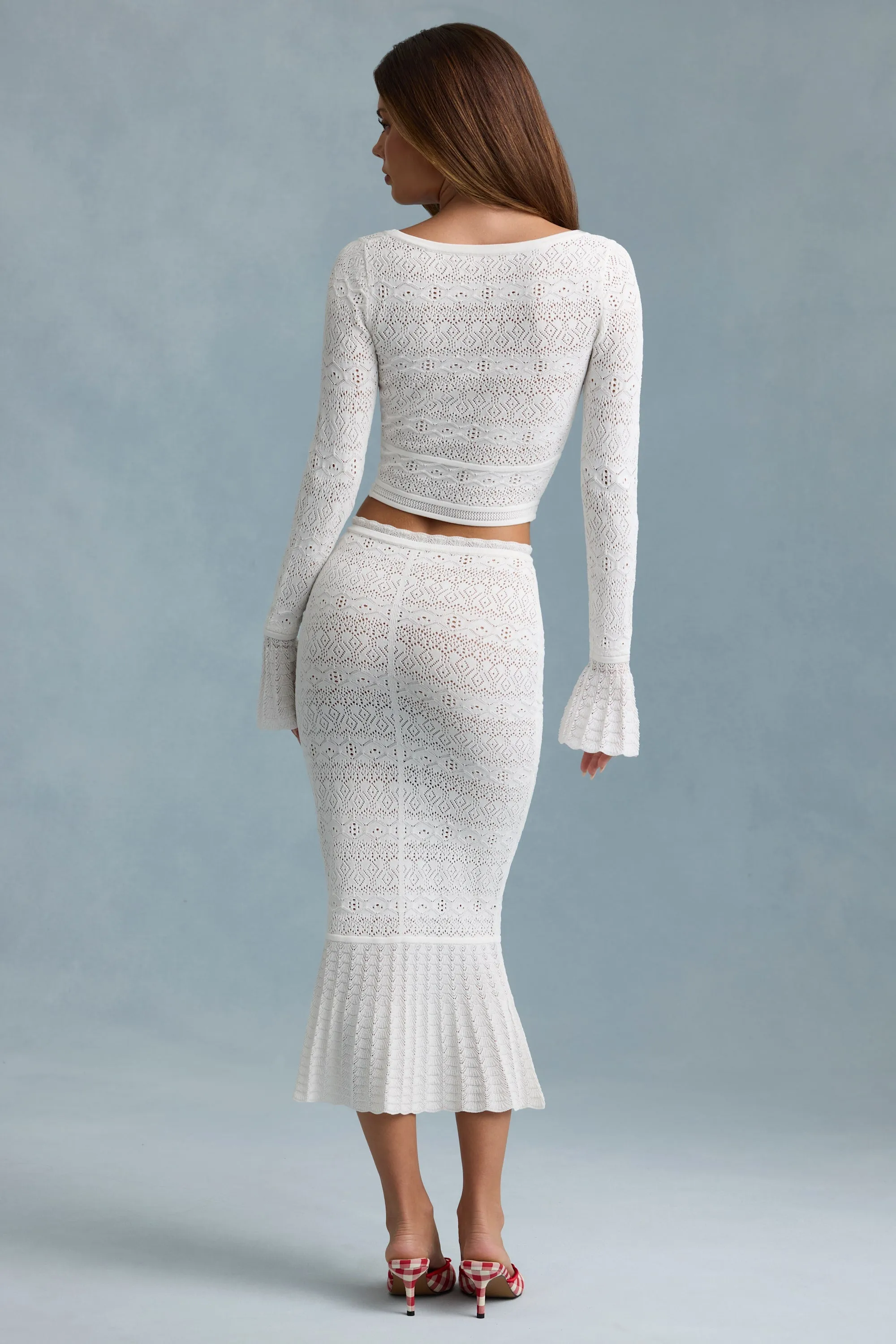 Ruffle-Trim Pointelle-Knit Midaxi Skirt in White Heritage Inspired Geometric Print