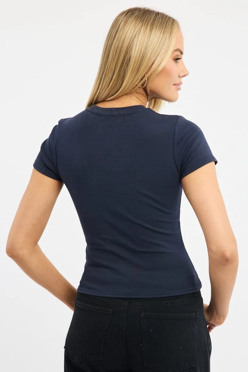 Functional Style Blue Graphic Tee Short Sleeve