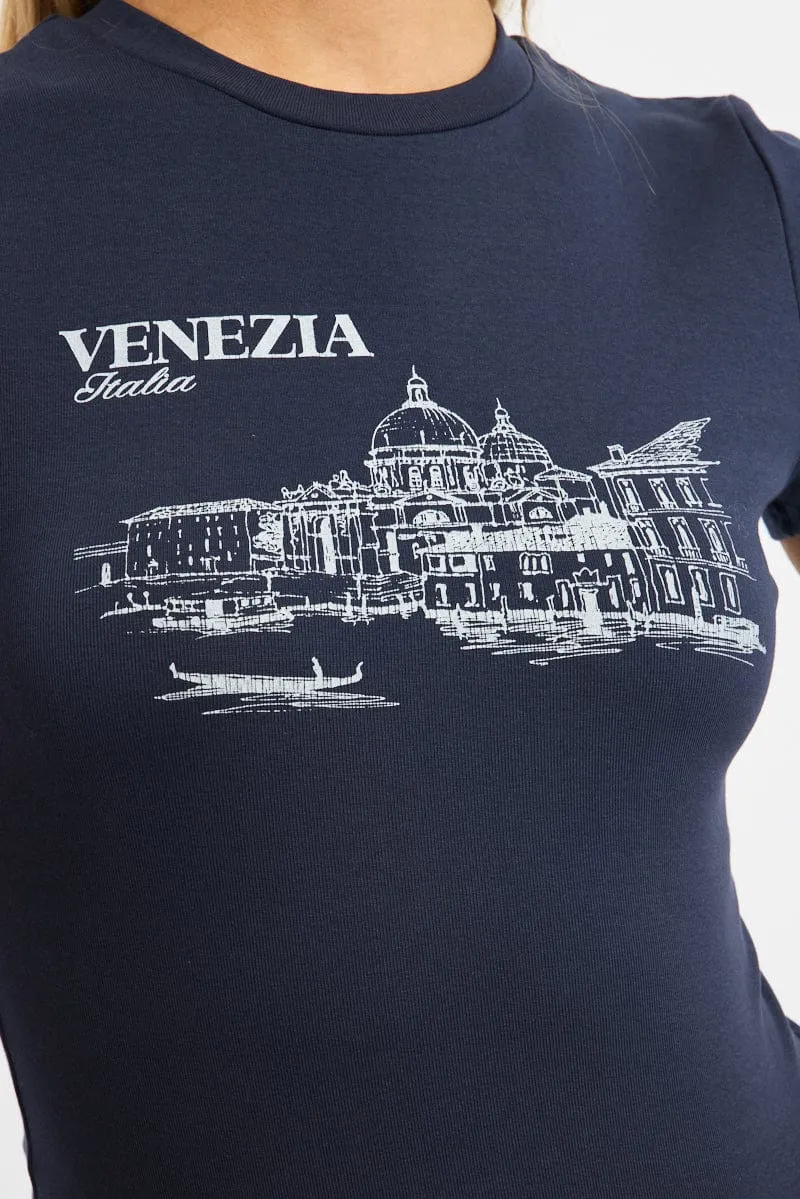 Blue Graphic Tee Short Sleeve family gathering Day-to-Day Comfort