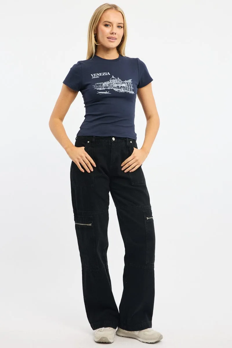 Cozy Wearable Heather Jersey Material Blue Graphic Tee Short Sleeve