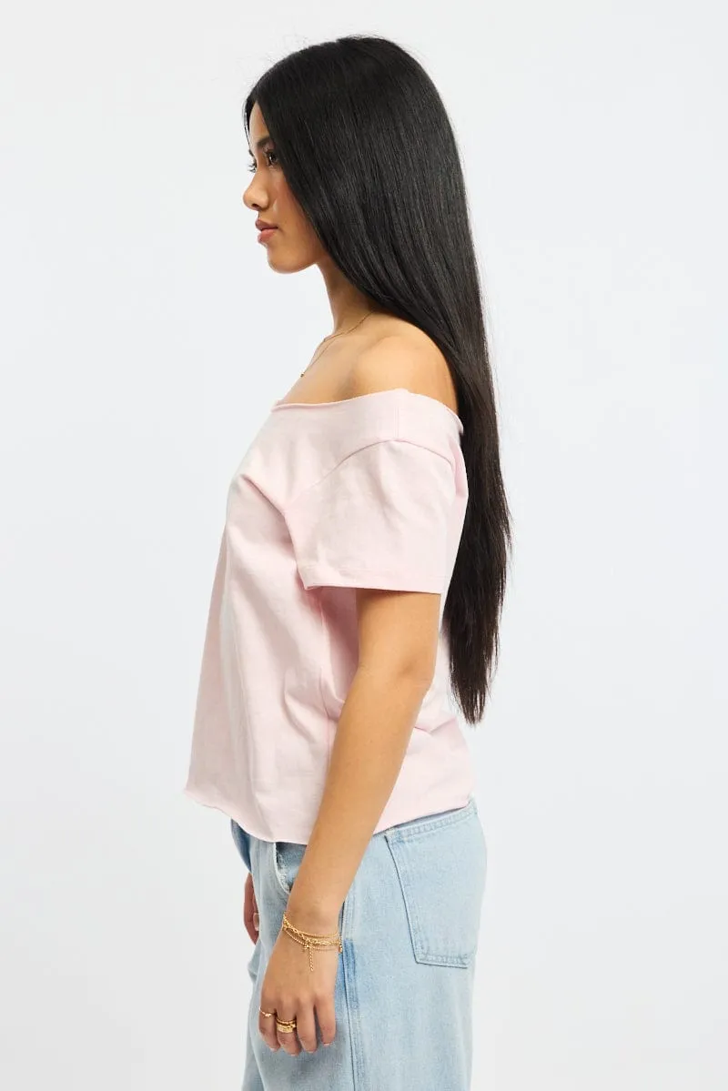 Fashionable Ease Holiday Wear Pink Graphic Tee Off Shoulder