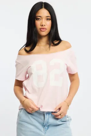 Pink Graphic Tee Off Shoulder No Slip Shoulder Design