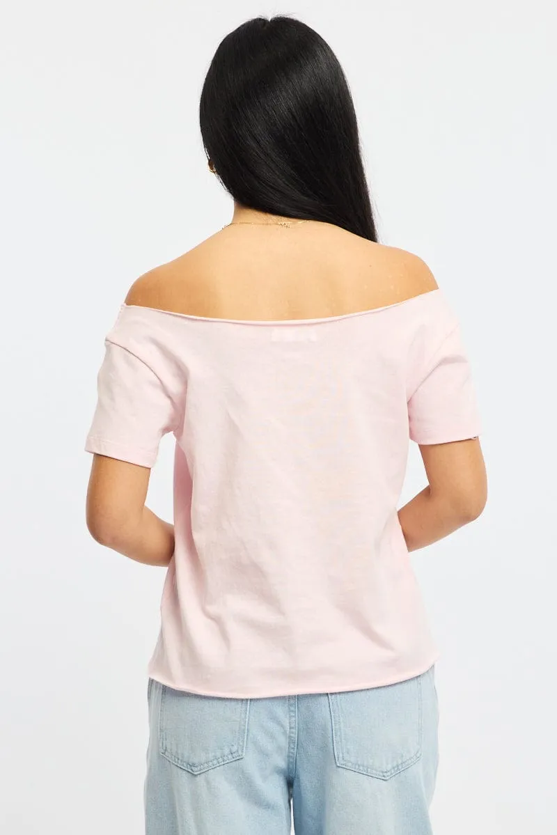 MultiPly Fabric Pink Graphic Tee Off Shoulder