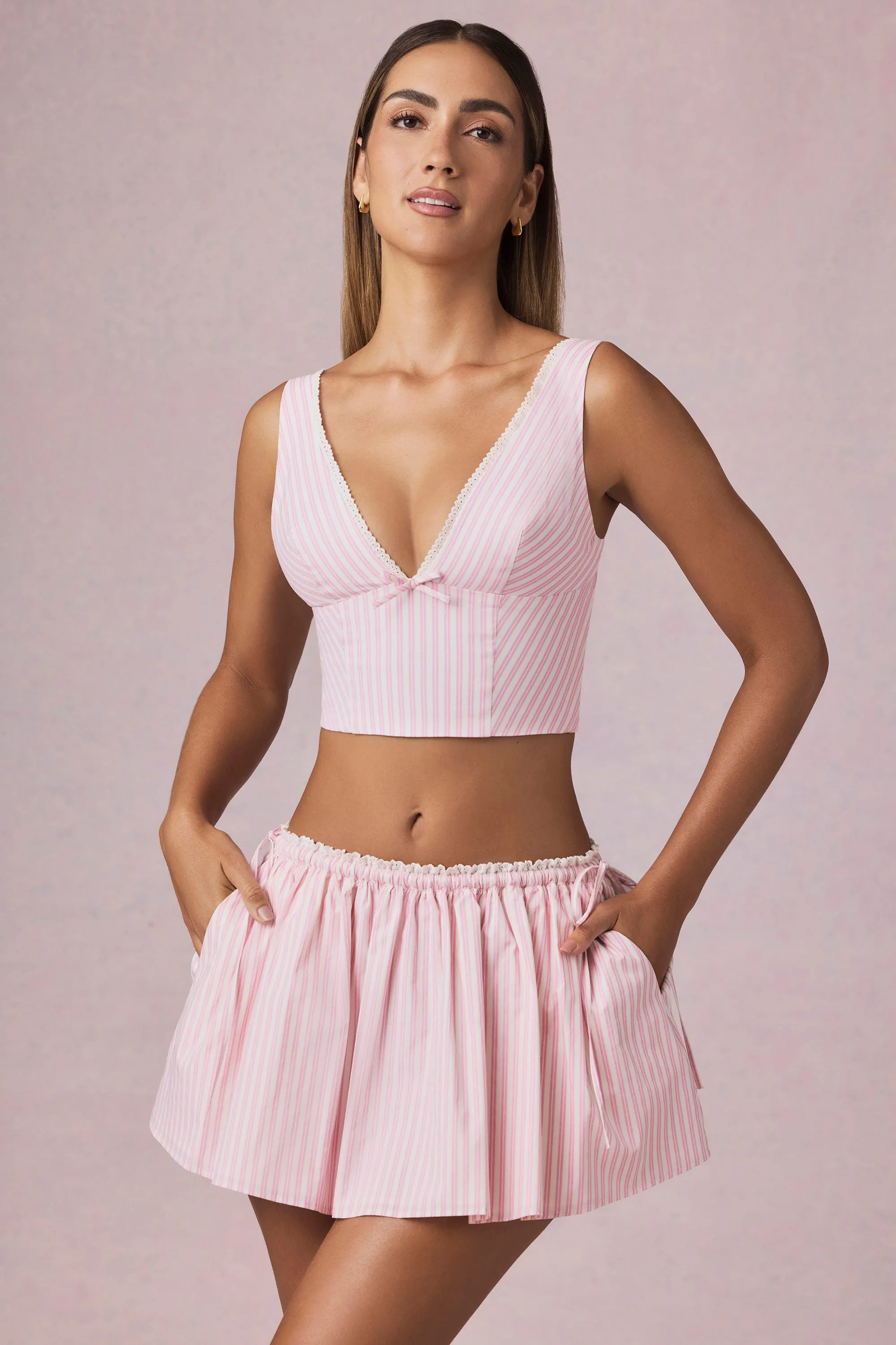Ruched Drawstring Mini Skirt in Soft Mauve Stripe Flared hem Mood Dressing