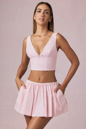 Ruched Drawstring Mini Skirt in Soft Mauve Stripe Flared hem Mood Dressing