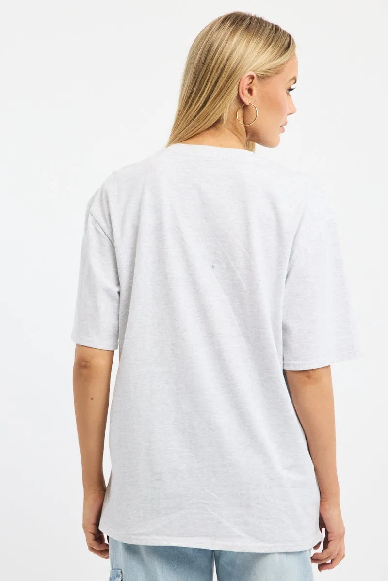 Raw Edge Hem Grey Graphic Tee Short Sleeve