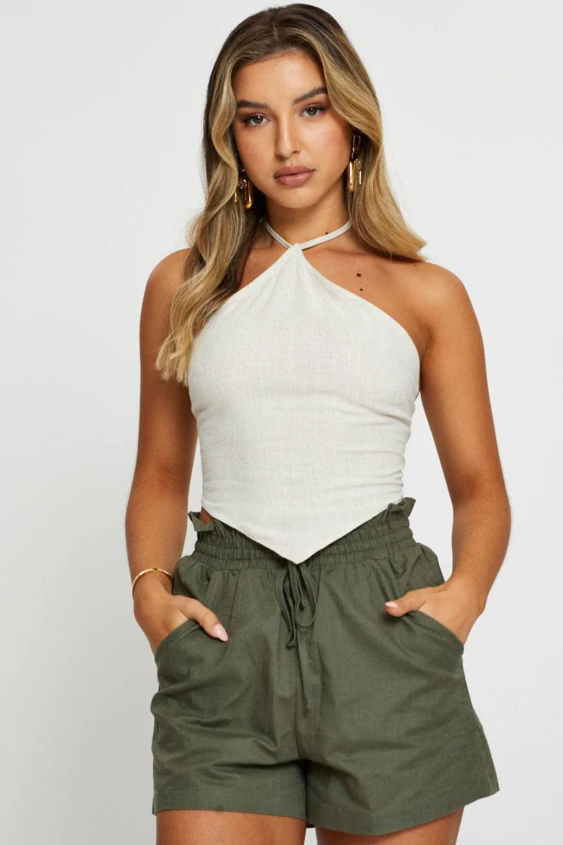 Relaxed Fashion Stretchable Fabric Beige Scarf Top Crop Linen