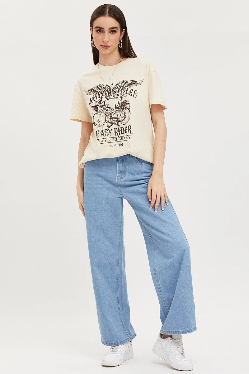 Durable Colorfast Finish Beige Graphic T-Shirt Short Sleeve