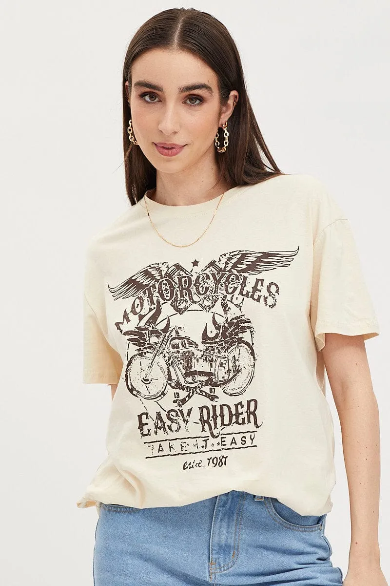 Beige Graphic T-Shirt Short Sleeve Active Style Trend