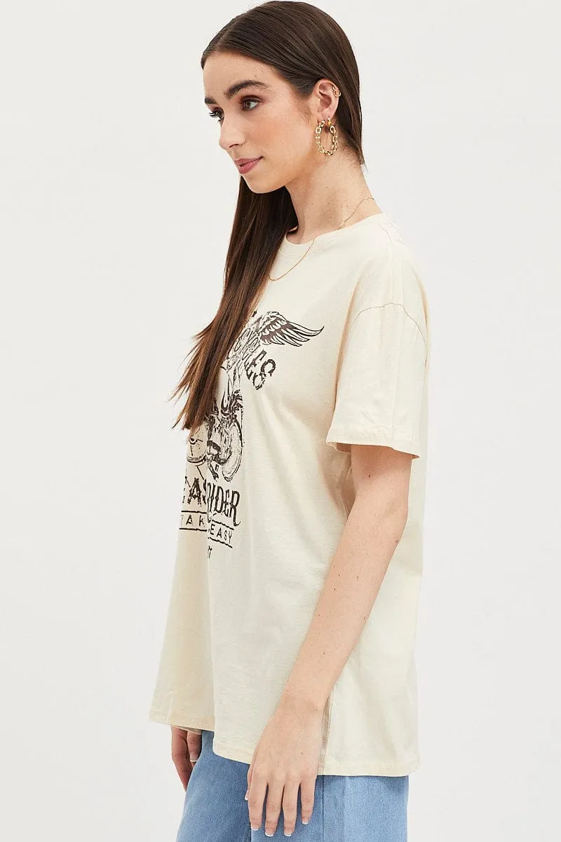 School spirit Beige Graphic T-Shirt Short Sleeve