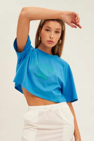 Travel Outfit Blue Monterey Crew Short Sleeve Crop Graphic T-Shirt