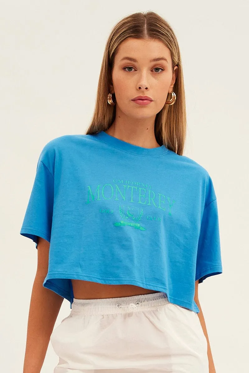 Blue Monterey Crew Short Sleeve Crop Graphic T-Shirt Classic Layer