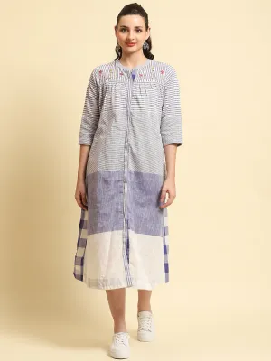 Women Blue Stripe Printed Dress LayeredPanels