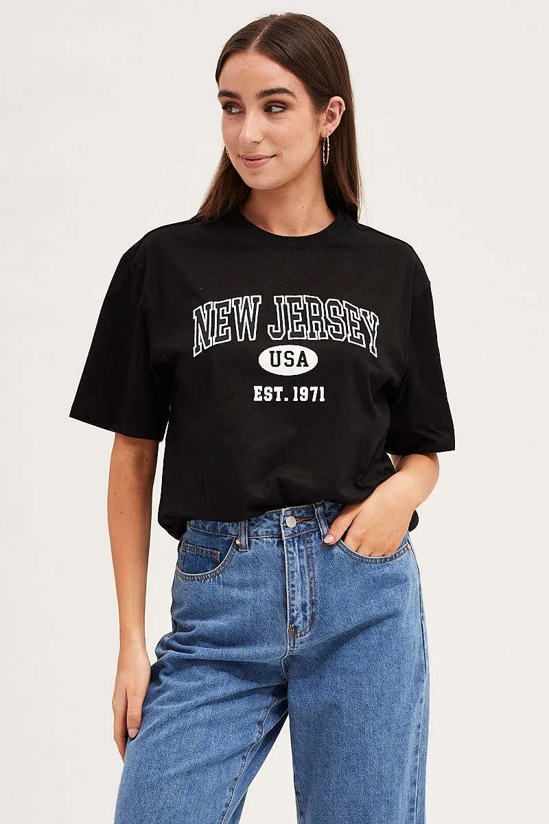 Black Short Sleeve Embroidered Graphic Tee FlexibleKnit TaglessCollar