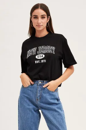 Denim combination Black Short Sleeve Embroidered Graphic Tee
