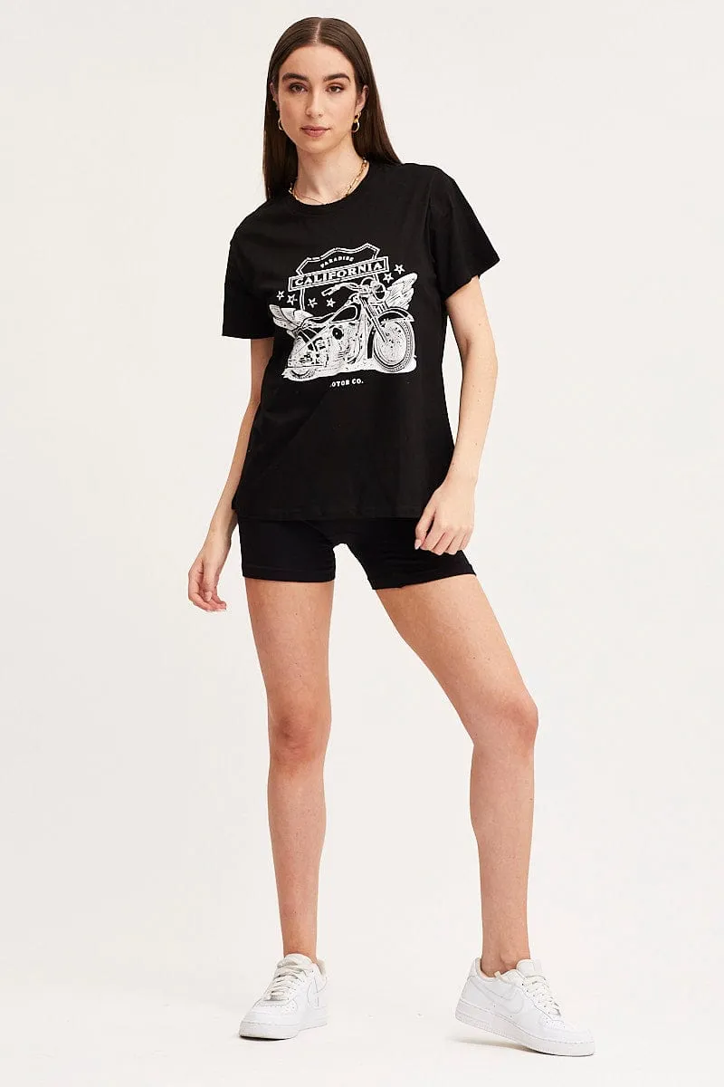 All-Season Wear Black Graphic T-Shirt Short Sleeve