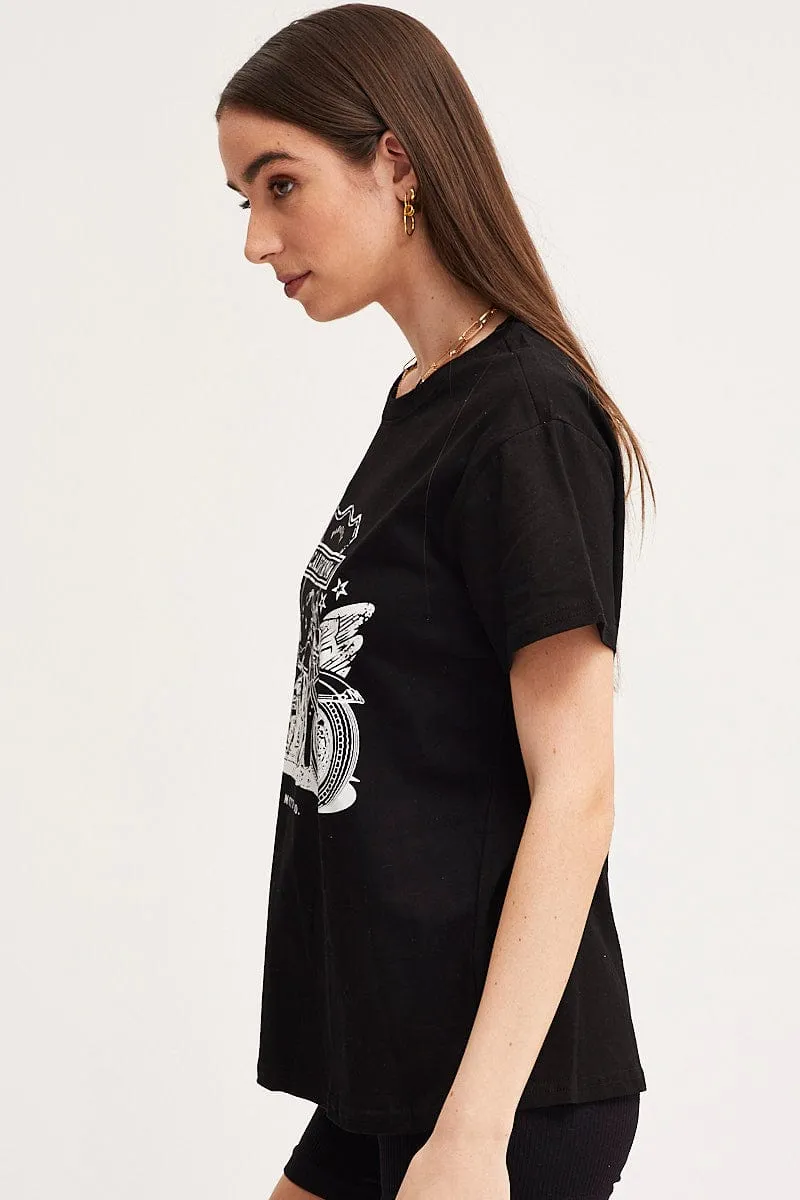 Trendy Comfort Fit Black Graphic T-Shirt Short Sleeve