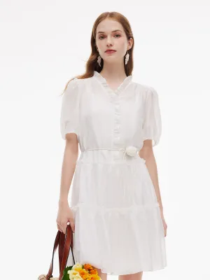 Tencel Blend Ruffle V-Neck Women Mini Dress With Slip Dress Flirty Design Hidden Pocket Design